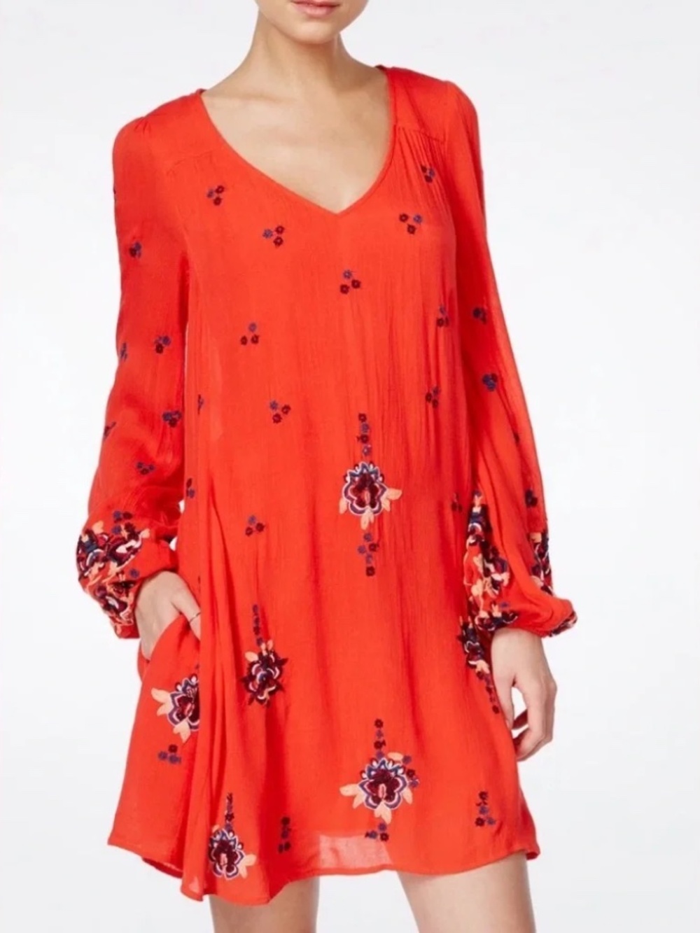 Free People Oxford Red Floral Embroidered Mini Dress Long Sleeve Open Back Sz M